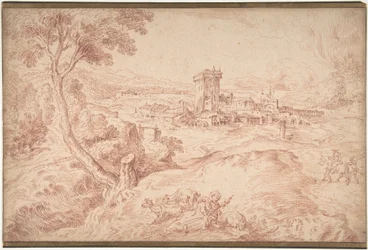 Landschaft mit einer alten Frau, die eine Spindel hält